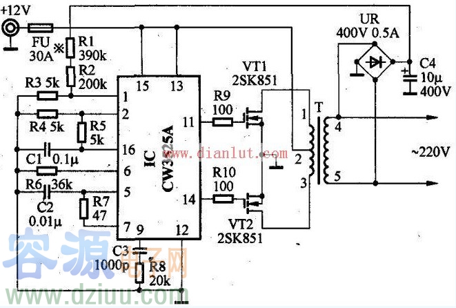 基于CW3525A設計的<a href=http://www.6600560.cn/nbq/15411258992273.shtml target=_blank class=infotextkey>車載逆變器</a>電路圖